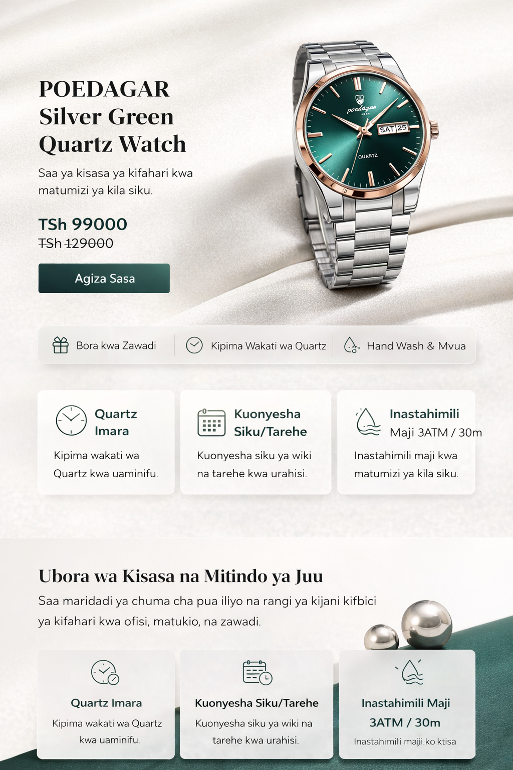 POEDAGAR Silver Green Quartz Watch part 1